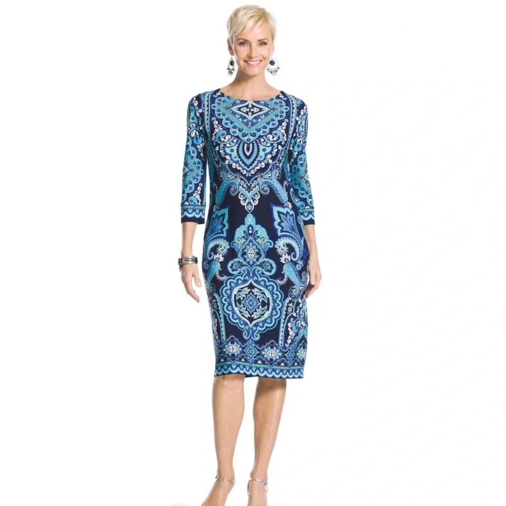 Chicos Dress Midi Sm‎ Shift Boat Neck 3/4 Sleeve Jersey Resort Coastal Career